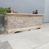 Indian Handmade Carved Wooden Trunk Blanket Box Natural Top Rustic White